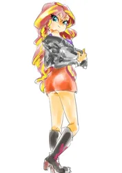 Size: 1285x1815 | Tagged: safe, artist:cocomorinewoo, derpibooru import, sunset shimmer, human, equestria girls, ass, boots, breasts, bunset shimmer, butt, clothes, female, image, jacket, jpeg, leather, leather jacket, looking at you, looking back, looking back at you, off shoulder, shirt, shoes, sideboob, simple background, smiling, solo, white background