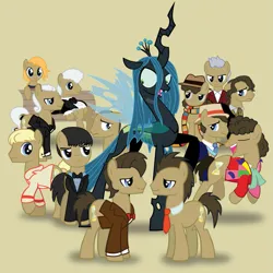 Size: 1001x1001 | Tagged: safe, artist:xkappax, derpibooru import, doctor whooves, queen chrysalis, time turner, changeling, changeling queen, earth pony, pony, clothes, doctor who, eighth doctor, eleventh doctor, female, fifth doctor, first doctor, fourth doctor, image, multeity, ninth doctor, png, second doctor, seventh doctor, simple background, sixth doctor, tenth doctor, third doctor, thirteenth doctor, twelfth doctor