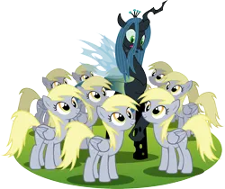 Size: 2160x1813 | Tagged: safe, artist:xkappax, derpibooru import, derpy hooves, queen chrysalis, changeling, changeling queen, pegasus, pony, derpies, female, image, multeity, png, simple background, transparent background, unstoppable force of derp