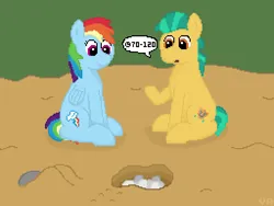 Size: 512x384 | Tagged: safe, artist:valuable ashes, derpibooru import, hitch trailblazer, rainbow dash, earth pony, pegasus, pony, g5, female, grass, image, male, mlp fim's thirteenth anniversary, pixel art, png, rock, sand, speech bubble