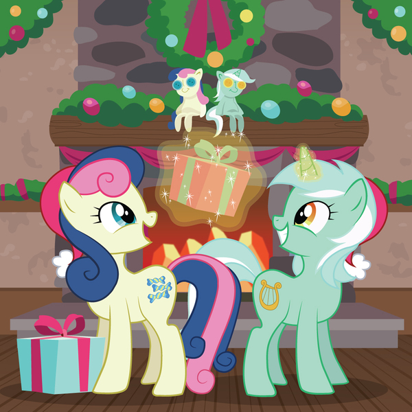 Size: 1080x1080 | Tagged: safe, artist:xkappax, derpibooru import, bon bon, lyra heartstrings, sweetie drops, earth pony, pony, unicorn, christmas, duo, grin, hat, hearth's warming doll, hearth's warming eve, holiday, image, jpeg, magic, magic aura, present, santa hat, smiling, telekinesis