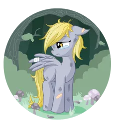 Size: 720x785 | Tagged: safe, artist:xkappax, derpibooru import, derpy hooves, pegasus, pony, bandage, bandaid, blank flank, crying, forest, image, injured, png, sad, simple background, solo, teary eyes, transparent background, tree