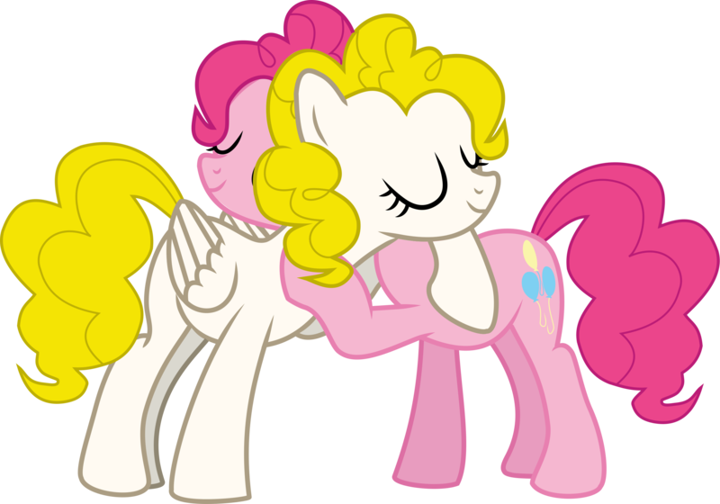 Size: 2852x1998 | Tagged: safe, anonymous artist, derpibooru import, pinkie pie, surprise, earth pony, pegasus, pony, g1, .svg available, base used, duo, eyelashes, hug, image, mlp fim's thirteenth anniversary, png, simple background, smiling, transparent background, vector