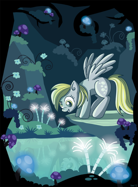 Size: 670x906 | Tagged: safe, artist:xkappax, derpibooru import, derpy hooves, pegasus, pony, cave, cave pool, flower, image, mirror pool, png, reflection, solo