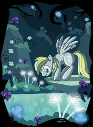 Size: 670x906 | Tagged: safe, artist:xkappax, derpibooru import, derpy hooves, pegasus, pony, cave, cave pool, flower, image, mirror pool, png, reflection, solo