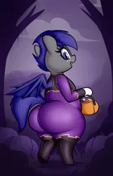Size: 2079x3240 | Tagged: suggestive, artist:andesblorps, derpibooru import, oc, oc:midnight blossom, unofficial characters only, bat pony, pony, semi-anthro, bodysuit, candy, chubby, clothes, coat markings, commission, costume, fat, female, food, freckles, image, large butt, mare, png, shadowbolts costume, socks (coat marking), the ass was fat, ych result