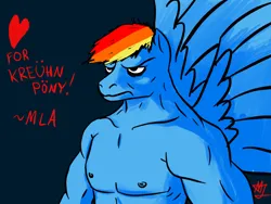 Size: 1280x960 | Tagged: safe, artist:mylittleawesome, derpibooru import, rainbow dash, anthro, pegasus, pony, .mov, swag.mov, black background, heart, image, manly, muscles, nipples, nudity, png, pony.mov, simple background, solo, text