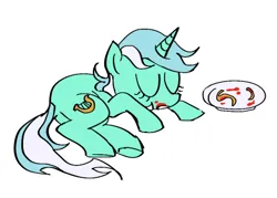 Size: 417x298 | Tagged: safe, artist:saltycube, derpibooru import, lyra heartstrings, pony, unicorn, eyes closed, female, food, image, ketchup, mare, pasta, plate, png, sauce, simple background, sleeping, solo, spaghetti, white background