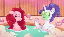 Size: 2048x1205 | Tagged: safe, artist:skysorbett, derpibooru import, rarity, oc, oc:ruby shine, pony, unicorn, candle, cucumber, duo, eyes closed, female, foam, food, image, mud mask, open mouth, open smile, png, relaxing, smiling, spa, water