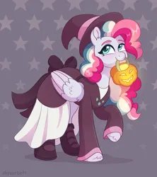 Size: 2097x2357 | Tagged: safe, artist:skysorbett, derpibooru import, oc, oc:sky sorbet, unofficial characters only, pegasus, pony, bag, candy bag, clothes, costume, dress, female, halloween, halloween costume, hat, holiday, image, jack-o-lantern, mare, mouth hold, nightmare night, nightmare night costume, pegasus oc, png, pumpkin, smiling, solo, wings, witch costume, witch hat