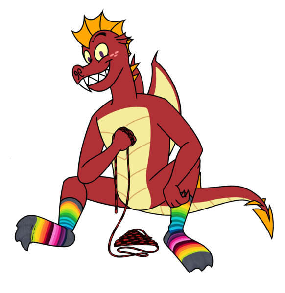 Size: 3284x3384 | Tagged: suggestive, artist:aaron amethyst, derpibooru import, garble, dragon, clothes, fangs, featureless crotch, freckles, image, looking at you, male, png, rainbow socks, rope, sitting, smiling, sock fetish, socks, solo, striped socks, wings