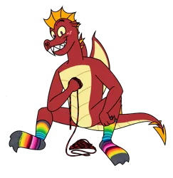 Size: 3284x3384 | Tagged: suggestive, artist:aaron amethyst, derpibooru import, garble, dragon, clothes, fangs, featureless crotch, freckles, image, looking at you, male, png, rainbow socks, rope, sitting, smiling, sock fetish, socks, solo, striped socks, wings