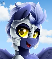 Size: 2400x2700 | Tagged: safe, artist:rainbowfire, derpibooru import, oc, unofficial characters only, pegasus, pony, armor, armored pony, cute, female, image, jewelry, looking at you, mare, open mouth, png, simple background, sky, smiling, solo, spread wings, wings, yellow eyes