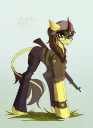 Size: 2373x3257 | Tagged: safe, artist:chamommile, derpibooru import, oc, oc:lemonaroma, unofficial characters only, kirin, original species, pony, ammunition, armor, blue eyes, bone, brow, brown eyes, clothes, commission, full body, glas, gradient background, gun, helmet, horn, image, kirin oc, looking at you, png, ponytail, rifle, simple background, sketch, smiling, smiling at you, solo, uniform, weapon, yellow skin