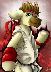 Size: 1732x2437 | Tagged: safe, artist:jamescorck, derpibooru import, oc, oc:calpain, pony, clothes, cosplay, costume, image, png, ryu, solo, street fighter