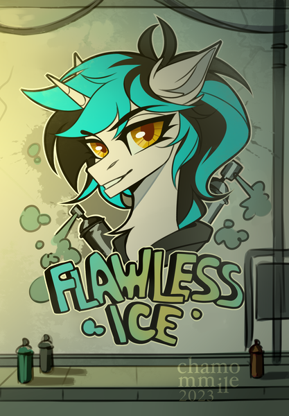 Size: 2100x3019 | Tagged: safe, artist:chamommile, derpibooru import, oc, oc:flawless ice, unofficial characters only, pony, unicorn, blue mane, city, clothes, commission, cyber eyes, ear fluff, graffiti, horn, image, light skin, looking at someone, looking at you, png, ponytail, smiling, smiling at you, solo, two toned hair, unicorn oc, ych result, yellow eyes