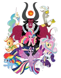 Size: 1080x1368 | Tagged: safe, artist:xkappax, derpibooru import, applejack, discord, fluttershy, lord tirek, pinkie pie, princess celestia, rainbow dash, rarity, twilight sparkle, twilight sparkle (alicorn), alicorn, centaur, draconequus, earth pony, pegasus, pony, taur, unicorn, twilight's kingdom, design, female, image, jewelry, mane six, mare, necklace, nose piercing, nose ring, piercing, png, rainbow power, scorpan's necklace, septum piercing, shirt design, simple background, transparent background, vector