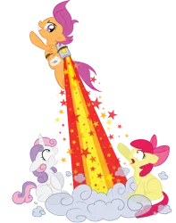 Size: 1080x1368 | Tagged: safe, artist:xkappax, derpibooru import, apple bloom, scootaloo, sweetie belle, earth pony, pegasus, pony, unicorn, cutie mark crusaders, design, fake cutie mark, flying, image, jetpack, png, rocket, scootaloo can fly, shirt design, simple background, transparent background, trio