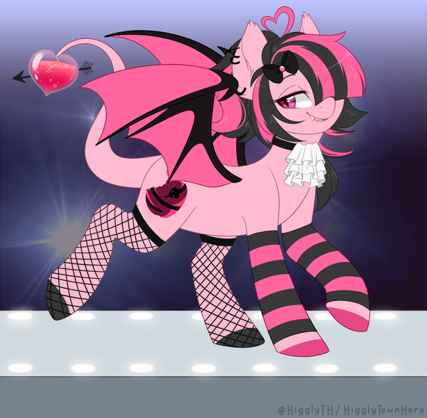 Size: 1000x979 | Tagged: safe, artist:higgly-chan, derpibooru import, oc, oc:heart breaker, unofficial characters only, bat pony, pony, ahoge, bow, clothes, collar, colored hooves, cravat, female, fishnets, hair bow, image, leg warmers, lidded eyes, looking at you, one eye covered, piercing, png, runway, socks, solo, spread wings, striped socks, two toned hair, wings