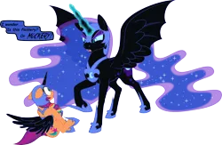 Size: 3216x2096 | Tagged: safe, artist:grypher, derpibooru import, nightmare moon, sunny starscout, g5, clothes, costume, g4, image, looking at each other, looking at someone, mlp fim's thirteenth anniversary, nightmare night, nightmare night costume, png, simple background, speech bubble, this will end in death, this will end in tears, this will end in tears and/or death, transparent background