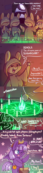 Size: 1024x4096 | Tagged: safe, artist:dsp2003, derpibooru import, apple bloom, babs seed, scootaloo, sweetie belle, oc, oc:applesin, demon, demon pony, original species, pony, 4 panel comic, amogus, among us, basket, bat wings, bipedal, blushing, boop, candle, chibi, clothes, cloud, comic, cute, cute little fangs, cutie mark crusaders, fangs, female, filly, foal, horns, image, ljn, loss (meme), magic, magic circle, mare, meme, moon, noseboop, one eye closed, open mouth, png, poster, robes, signature, speech bubble, style emulation, sugarcube, summoning circle, toys r us, waving, wings, wink