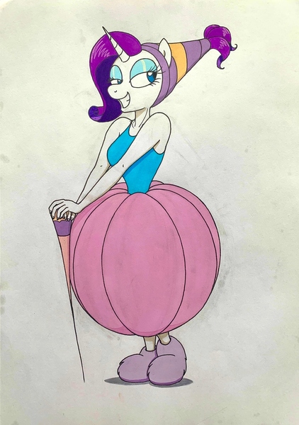 Size: 2464x3500 | Tagged: safe, artist:killerteddybear94, derpibooru import, rarity, anthro, bedroom eyes, clothes, cosplay, costume, crossover, image, jpeg, pincushion, seductive look, slippers, smiling, thumbelina (1994), traditional art