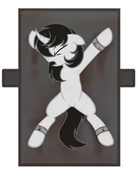 Size: 3925x5016 | Tagged: semi-grimdark, artist:equestria secret guard, derpibooru import, oc, oc:taoyvfei, unofficial characters only, pony, unicorn, armpits, basement, belly button, blood, bondage, chains, featureless crotch, female, horn, image, magic suppression, mare, pain, png, simple background, solo, spread eagle, transparent background, unicorn oc, vector