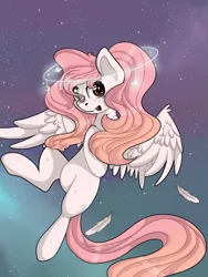 Size: 1500x2000 | Tagged: safe, artist:milkusy, derpibooru import, oc, unofficial characters only, pegasus, pony, female, flying, image, looking at you, mare, nimbus, open mouth, pegasus oc, png, solo, space, wings