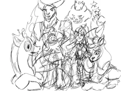 Size: 2000x1500 | Tagged: safe, artist:ciaran, derpibooru import, lavan, lord tirek, queen chrysalis, sonata dusk, g5, image, jewel wizard, looking at you, mlp fim's thirteenth anniversary, opaline arcana, pencil drawing, png, simple background, sketch, traditional art, white background, wip