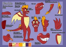 Size: 5615x4000 | Tagged: safe, artist:aaron amethyst, derpibooru import, garble, dragon, fangs, freckles, image, male, png, reference sheet, solo, text, wings