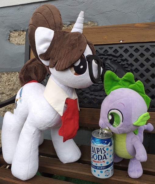 Size: 2438x2880 | Tagged: safe, artist:cinnamon-stitch, artist:pony4koma, derpibooru import, raven, spike, dragon, pony, unicorn, bench, build-a-bear, calpis soda, drink, drinking, female, glasses, hair bun, image, irl, jpeg, mail, male, mare, necktie, photo, plushie, plushification, pony plushie, ravenspike, secretary, shipping, soda, soda can, straight