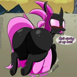 Size: 2000x2000 | Tagged: suggestive, artist:bestponies, derpibooru import, oc, changeling, belly, big belly, blushing, bugbutt, butt, changeling oc, dialogue, female, flying, huge belly, image, impossibly large belly, jpeg, looking at you, looking back, looking back at you, muffled words, pink changeling, stomach noise, the ass was fat, vore