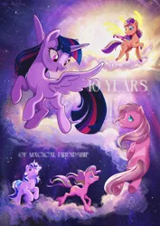 Size: 1529x2160 | Tagged: safe, artist:askometa, derpibooru import, pinkie pie (g3), sundance, sunny starscout, twilight (g1), twilight sparkle, twilight sparkle (alicorn), alicorn, earth pony, pony, unicorn, g1, g2, g3, g5, background, bow, crossover, eyebrows, flying, g4, image, jpeg, looking at each other, looking at someone, mlp fim's thirteenth anniversary, night, open mouth, running, smiling, smiling at each other, soar, space, spread wings, stars, tail, tail bow, wings