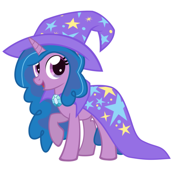 Size: 801x801 | Tagged: safe, artist:the smiling pony, derpibooru import, izzy moonbow, pony, unicorn, g5, .svg available, cape, clothes, costume, g4, g5 to g4, generation leap, hat, image, looking at you, open mouth, open smile, png, simple background, smiling, solo, transparent background, trixie's cape, trixie's hat, vector