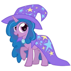 Size: 801x801 | Tagged: safe, artist:the smiling pony, derpibooru import, izzy moonbow, pony, unicorn, g5, .svg available, cape, clothes, costume, g4, g5 to g4, generation leap, hat, image, looking at you, open mouth, open smile, png, simple background, smiling, solo, transparent background, trixie's cape, trixie's hat, vector
