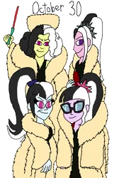 Size: 4000x6213 | Tagged: safe, artist:bigpurplemuppet99, derpibooru import, adagio dazzle, aria blaze, sci-twi, sonata dusk, twilight sparkle, equestria girls, 101 dalmatians, alternate hair color, black and white mane, clothes, cosplay, costume, cruella de vil, fursuit, image, png, the dazzlings