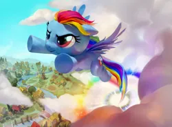 Size: 3334x2449 | Tagged: safe, artist:john thacker, derpibooru import, official, rainbow dash, pegasus, pony, bridge, cloud, female, flying, house, image, jpeg, magic the gathering, mare, mill, outdoors, ponies the galloping, ponyville, river, smiling, solo, sonic rainboom, tree, water, windmill