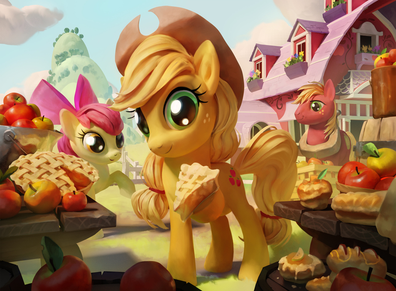 Size: 3334x2449 | Tagged: safe, artist:john thacker, derpibooru import, official, apple bloom, applejack, big macintosh, earth pony, apple, apple pie, barn, barrel, bucket, cloud, fence, flower, food, hill, image, jpeg, looking at you, magic the gathering, offering, outdoors, pie, pie slice, ponies the galloping, slice, sweet apple acres, table, tree