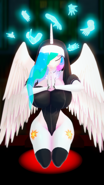 Size: 900x1600 | Tagged: questionable, artist:mistpony, derpibooru import, princess celestia, alicorn, anthro, plantigrade anthro, 3d, big breasts, breasts, busty princess celestia, clothes, disembodied hand, dress, female, frilly underwear, halloween, halloween 2023, hand, high heels, high-cut clothing, holiday, huge breasts, image, koikatsu, looking at you, nun, nun outfit, png, shoes, siblings, socks, stockings, sun&moon cafe, thigh highs, underwear