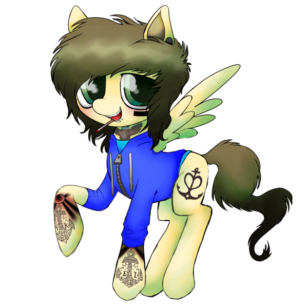 Size: 4500x4500 | Tagged: safe, artist:cactuscruncher, derpibooru import, ponified, pegasus, pony, absurd resolution, blushing, brown hair, brown mane, christofer drew, cigarette, clothes, derpibooru exclusive, ear piercing, emo, face paint, feather, gauges, green eyes, image, jacket, lidded eyes, lip piercing, looking at you, male, messy hair, messy mane, messy tail, open mouth, open smile, piercing, png, raised hoof, shiny eyes, shirt, simple background, smiling, smoking, solo, spider bites, spread wings, stallion, standing, tail, tattoo, transparent background, wings, yellow coat