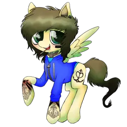 Size: 4500x4500 | Tagged: safe, artist:cactuscruncher, derpibooru import, ponified, pegasus, pony, absurd resolution, blushing, brown hair, brown mane, christofer drew, cigarette, clothes, derpibooru exclusive, ear piercing, emo, face paint, feather, gauges, green eyes, image, jacket, lidded eyes, lip piercing, looking at you, male, messy hair, messy mane, messy tail, open mouth, open smile, piercing, png, raised hoof, shiny eyes, shirt, simple background, smiling, smoking, solo, spider bites, spread wings, stallion, standing, tail, tattoo, transparent background, wings, yellow coat