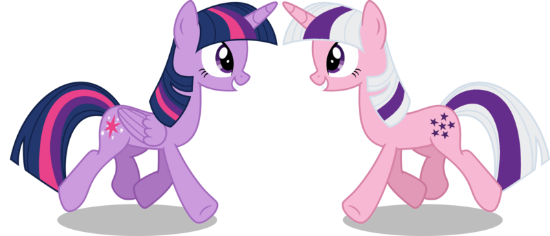 Size: 3287x1412 | Tagged: safe, artist:calibykitty, artist:n0kkun, derpibooru import, twilight (g1), twilight sparkle, twilight sparkle (alicorn), alicorn, pony, unicorn, g1, collaboration, cute, duo, female, grin, image, looking at each other, looking at someone, mare, mlp fim's thirteenth anniversary, png, raised hoof, raised leg, simple background, smiling, transparent background, trotting, twiabetes