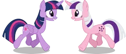 Size: 3287x1412 | Tagged: safe, artist:calibykitty, artist:n0kkun, derpibooru import, twilight (g1), twilight sparkle, twilight sparkle (alicorn), alicorn, pony, unicorn, g1, collaboration, cute, duo, female, grin, image, looking at each other, looking at someone, mare, mlp fim's thirteenth anniversary, png, raised hoof, raised leg, simple background, smiling, transparent background, trotting, twiabetes