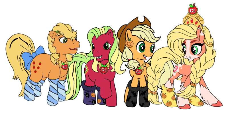 Size: 3135x1553 | Tagged: safe, artist:darktailsko, artist:icicle-wicicle-1517, color edit, derpibooru import, edit, applejack, applejack (g1), applejack (g3), bat, earth pony, pony, g1, g3, applejack (g5 concept leak), applejack's hat, bow, clothes, collaboration, colored, cowboy hat, crown, ear piercing, earring, element of honesty, female, g5 concept leaks, grin, halloween, hat, holiday, image, jack-o-lantern, jewelry, looking at each other, looking at someone, mare, markings, mlp fim's thirteenth anniversary, open mouth, piercing, png, pumpkin, raised hoof, regalia, simple background, smiling, socks, stockings, striped socks, tail, tail bow, thigh highs, transparent background, unshorn fetlocks