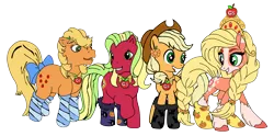 Size: 3135x1553 | Tagged: safe, artist:darktailsko, artist:icicle-wicicle-1517, color edit, derpibooru import, edit, applejack, applejack (g1), applejack (g3), bat, earth pony, pony, g1, g3, applejack (g5 concept leak), applejack's hat, bow, clothes, collaboration, colored, cowboy hat, crown, ear piercing, earring, element of honesty, female, g5 concept leaks, grin, halloween, hat, holiday, image, jack-o-lantern, jewelry, looking at each other, looking at someone, mare, markings, mlp fim's thirteenth anniversary, open mouth, piercing, png, pumpkin, raised hoof, regalia, simple background, smiling, socks, stockings, striped socks, tail, tail bow, thigh highs, transparent background, unshorn fetlocks