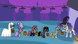 Size: 1920x1080 | Tagged: safe, artist:platinumdrop, derpibooru import, derpy hooves, pinkie pie, ruby pinch, zapp, oc, oc:ebony darkness, oc:healing touch, bat, candy, cape, chun li, clothes, commission, costume, food, ghost costume, halloween, halloween costume, happy, hat, holiday, hoof hold, image, jack-o-lantern, magic, mouth hold, mummy costume, night, night sky, nightmare night, png, ponyville, power ponies, pumpkin, pumpkin bucket, sky, smiling, stars, telekinesis, trixie's cape, trixie's hat