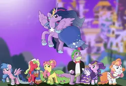 Size: 6590x4500 | Tagged: safe, artist:sparkfler85, derpibooru import, applejack (g3), firefly, light heart, pipp petals, posey (g5), princess twilight 2.0, spike, twilight sparkle, twilight sparkle (alicorn), alicorn, dragon, earth pony, pegasus, pony, g1, g2, g3, g5, the last problem, bedroom eyes, boots, bowtie, canterlot, cape, clothes, cowboy hat, crown, derpibooru exclusive, dress, ear piercing, earring, fangs, female, flower, flower in hair, flying, g4, gala, gala dress, generation leap, gigachad spike, hat, headband, image, jewelry, makeup, male, mlp fim's thirteenth anniversary, necklace, older, older spike, older twilight, older twilight sparkle (alicorn), one eye closed, piercing, png, ponytail, pose, regalia, shoes, spread wings, suit, wings, wink