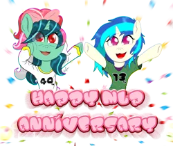 Size: 4080x3420 | Tagged: safe, artist:wojtek-ツ, derpibooru import, fizzy, vinyl scratch, pony, twinkle eyed pony, unicorn, g1, banner, bow, celebration, clothes, confetti, cute, derpibooru exclusive, duo, duo female, female, fizzybetes, g4, generation leap, happy, hooves, hooves up, image, mlp fim's thirteenth anniversary, open mouth, open smile, png, shirt, simple background, smiling, transparent background