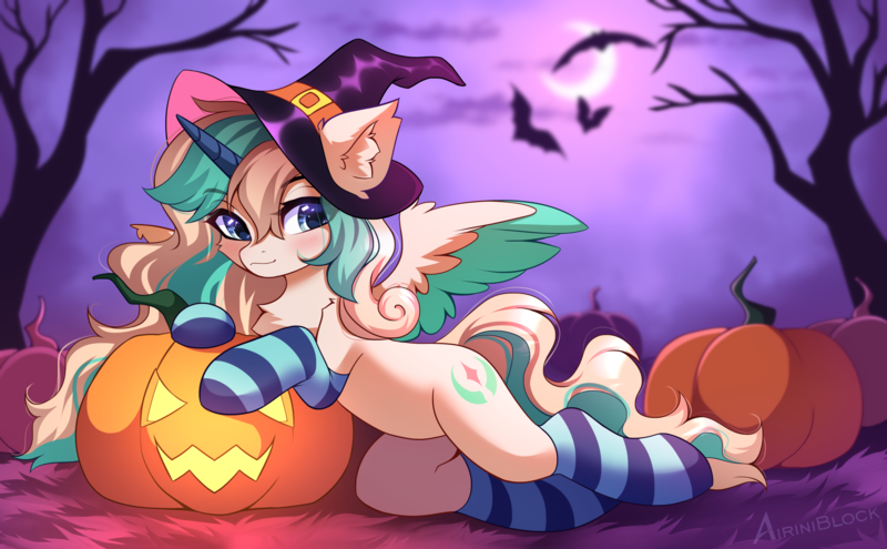 Size: 3489x2160 | Tagged: safe, artist:airiniblock, derpibooru import, oc, unofficial characters only, alicorn, bat, pony, belly, clothes, commission, ear fluff, halloween, hat, high res, holiday, hut, image, moon, night, png, pumpkin, rcf community, round belly, socks, solo, striped socks, tree, witch hat, ych result