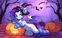 Size: 3489x2160 | Tagged: safe, artist:airiniblock, derpibooru import, oc, oc:vampie, unofficial characters only, bat, bat pony, pony, belly, clothes, commission, ear fluff, halloween, hat, high res, holiday, hut, image, moon, night, png, pumpkin, rcf community, round belly, socks, solo, striped socks, tree, witch hat, ych result